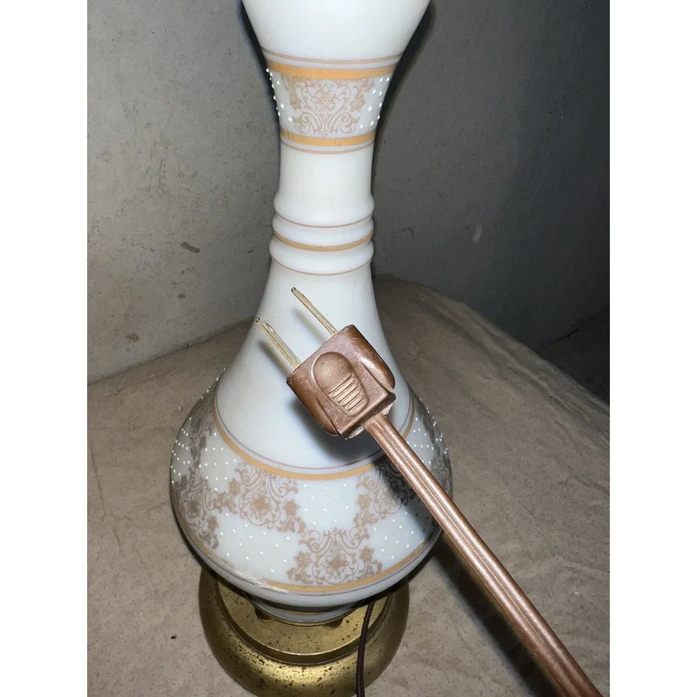 Vintage Leviton Porcelain Lamp Brass Patina White Gold Floral Glamour Style